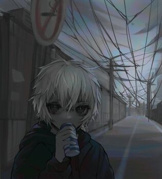 1boy black_eyes blue_jacket can commentary drink_can drinking face_piercing grey_hair grey_sky hair_between_eyes highres holding holding_can jacket long_sleeves looking_at_viewer male_focus mdm4 no_smoking original outdoors piercing road short_hair sky solo street symbol-only_commentary upper_body