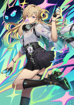 1girl black_shoes black_skirt black_socks blonde_hair blowing_bubble_gum blue_eyes braid braided_bangs breasts chewing_gum chinese_commentary colorful_background commentary_request from_side graffiti green_necktie hair_between_eyes hair_ornament headphones headphones_around_neck highres holding holding_spray_can id_card kiyo_(chaoschyan) looking_at_viewer looking_to_the_side lynae_(wuthering_waves) medium_breasts necktie shirt_tucked_in shoes skirt skull_hair_ornament socks solo spray_can tacet_mark_(wuthering_waves) turning_head wuthering_waves