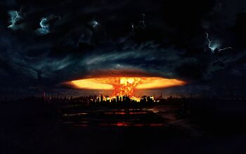 absurdres apocalypse artist_name building city destruction explosion fire highres lightning mushroom_cloud no_humans original revision scenery the_strynx watermark