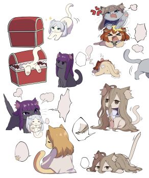 absurdres animal animal_ear_fluff brown_eyes brown_hair cat fern_(sousou_no_frieren) flamme_(sousou_no_frieren) frieren frieren_stuck_in_a_mimic_(meme) hair_between_eyes highres hitting j_humbo kanne_(sousou_no_frieren) lawine_(sousou_no_frieren) long_hair meme no_humans purple_hair sharp_teeth simple_background smile sousou_no_frieren sparkle speech_bubble teeth walking white_background x_anus