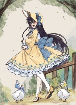 1girl animal bird black_hair braid breasts commentary corrupted_twitter_file double-parted_bangs dress duck english_commentary frilled_dress frills from_side full_body hair_between_eyes hat high_heels highres long_hair long_sleeves looking_at_viewer medium_breasts open_mouth original outdoors pantyhose ryuuxin sadie_(ryuuxin) shoes skirt_hold smile solo walking white_pantyhose yellow_dress yellow_hat yellow_shoes