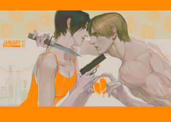 1boy 1girl ada_wong bare_arms bare_shoulders black_hair blonde_hair blue_eyes breasts camisole cleavage closed_mouth commentary face-to-face food from_side fruit gun highres holding holding_gun holding_knife holding_weapon january knife leon_s._kennedy lips looking_at_another mandarin_orange orange_(fruit) orange_camisole orange_nails orange_slice orange_theme peanut9021 profile resident_evil short_hair symbol-only_commentary toned toned_male topless_male upper_body weapon