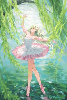 Rule 34 | 1girl, absurdres, armlet, bang dream!, bang dream! it's mygo!!!!!, closed mouth, commentary, dancing, dated, dress, flower, green hair, hair flower, hair ornament, happy birthday, highres, hu pi xuan jiao, jewelry, long hair, pink shoes, shoes, sleeveless, sleeveless dress, solo, wakaba mutsumi, water, white dress, yellow eyes