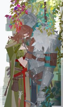 Rule 34 | 1boy, 1girl, absurdres, armor, bearer of the curse, brown hair, chainmail, commentary, dark souls (series), dark souls ii, dress, emerald herald, english commentary, gauntlets, green dress, hanging plant, helmet, highres, hug, long hair, nslacka, plant, pouch, red eyes, wavy hair