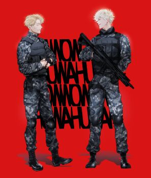 Rule 34 | 2boys, absurdres, assault rifle, baggy pants, black gloves, blackbox (blackbox9158), blonde hair, boots, camouflage, camouflage pants, camouflage shirt, character request, copyright request, fingerless gloves, full body, gloves, gun, head tilt, highres, holding, holding gun, holding weapon, knee pads, laughing, male focus, military uniform, multiple boys, pants, red background, rifle, shirt, simple background, smile, standing, talking, vest, weapon