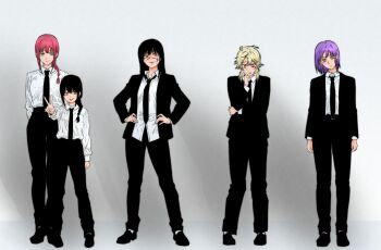 5girls absurdres black_hair black_jacket black_necktie black_pants black_suit braid braided_ponytail chainsaw_man collared_shirt facial_scar fami_(chainsaw_man) famine_devil_(chainsaw_man) formal_clothes four_horsemen full_body grey_hair highres isuke_(isuke_now) jacket long_hair long_sleeves makima_(chainsaw_man) medium_hair messy_hair multiple_girls nayuta_(chainsaw_man) necktie orange_eyes pant_suit pants purple_eyes purple_hair red_hair scar scar_on_cheek scar_on_face scar_on_nose shirt shirt_tucked_in sidelocks suit suit_jacket white_shirt yoru_(chainsaw_man)