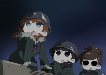 Rule 34 | 3girls, animification, black gloves, blue eyes, brown hair, chito (shoujo shuumatsu ryokou), chito (shoujo shuumatsu ryokou) (cosplay), commentary, cosplay, derivative work, eddsworld, ell (eddsworld), fur-trimmed jacket, fur trim, gloves, green jacket, grey eyes, hashtag-only commentary, hat, highres, hollow eyes, jacket, long hair, matilda (eddsworld), medium hair, military hat, multiple girls, night, open mouth, orange hair, outdoors, parody, ponytail, rkdwgi, screenshot redraw, shoujo shuumatsu ryokou, sky, star (sky), starry sky, tamara (eddsworld), topknot, yuuri (shoujo shuumatsu ryokou), yuuri (shoujo shuumatsu ryokou) (cosplay)