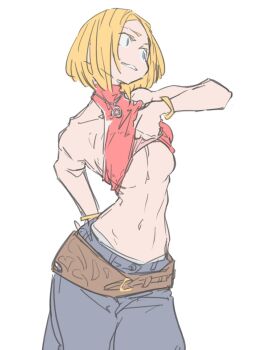 1girl blonde_hair blue_eyes blue_mary breasts denim fatal_fury fingerless_gloves gloves hand_on_own_hip highres jeans jewelry large_breasts legs lifting_own_clothes midriff navel necklace panties pants panty_peek parted_lips short_hair smile snk solo teasing teeth the_king_of_fighters the_king_of_fighters_xv thighs toned underwear