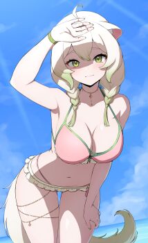 1girl absurdres ahoge animal_ears beach belly bikini braid breasts daydarion ferret ferret_ears ferret_girl ferret_tail gold_choker gold_thighlet gradient_hair gradient_tail green_eyes green_hair green_nails green_tail hair_between_eyes high-waist_bikini highres laimu_(vtuber) laimu_(summer)_(vtuber) large_breasts microskirt multicolored_hair multicolored_tail navel ocean pink_nails shadow skirt summer swimsuit tail thick_thighs thigh_gap thighlet thighs twin_braids two-tone_hair two-tone_tail vinesauce virtual_youtuber white_hair white_tail