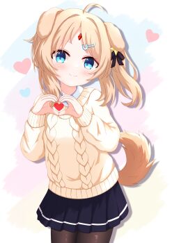1girl absurdres ahoge animal_ears aran_sweater black_bow black_pantyhose black_skirt blonde_hair blue_eyes blush bow cable_knit closed_mouth colorful_background commentary_request cowboy_shot dog_ears dog_girl dog_tail forehead_jewel gem hair_bow hair_ornament hairclip heart heart_hands heart_in_heart_hands highres long_sleeves looking_at_viewer medium_hair miniskirt original pantyhose parted_bangs pleated_skirt red_gemstone skirt smile solo standing sweater tail tareme urotsuki_(uro30) yellow_sweater