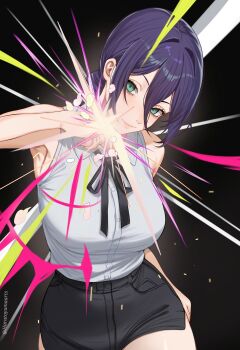 Rule 34 | 1girl, absurdres, armpits, artist name, black hair, black ribbon, black shorts, breasts, chainsaw man, closed mouth, collared shirt, green eyes, hair between eyes, hair bun, harutoyumaarts, highres, imminent explosion, large breasts, looking at viewer, neck ribbon, reze (chainsaw man), ribbon, shirt, shirt tucked in, shorts, sleeveless, sleeveless shirt, solo, white shirt