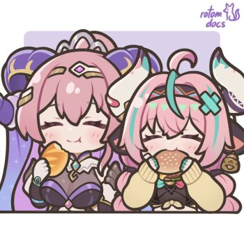 2girls ahoge animal_ears aqua_bow aqua_bowtie aqua_hairband artist_name bandaid bandaid_on_cheek bandaid_on_face bandaid_on_horn bell bell_earrings black_dress black_hairband black_sleeves black_tube_top blush bow bowtie braid bread breasts burger chibi chibi_only cleavage closed_eyes closed_mouth commentary cow_ears cow_girl cow_horns cowbell crossover curled_horns detached_sleeves dress earrings eating english_commentary fire_emblem fire_emblem_heroes food genshin_impact goat_horns hair_ornament hairband hairclip high_ponytail holding holding_bread holding_burger holding_food horns jewelry large_breasts long_hair long_sleeves medium_breasts multicolored_hair multicolored_hairband multiple_girls multiple_rings nerthuz_(fire_emblem) nintendo pink_bow pink_bowtie pink_hair pink_hairband ponytail purple_dress purple_horns ring rotomdocs see-through_clothes see-through_dress single_earring smile strapless streaked_hair tiara tube_top twin_braids twintails two-tone_bow two-tone_bowtie two-tone_hair varesa_(genshin_impact) white_background white_horns yellow_sleeves
