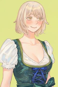 1girl alt_text alternate_costume blonde_hair blue_ribbon blush bodice bow breasts cleavage closed_mouth colored_eyelashes commentary_request cross-laced_clothes dirndl dungeon_meshi falin_touden falin_touden_(tallman) german_clothes green_background green_bow highres looking_ahead puffy_short_sleeves puffy_sleeves ribbon sasakura34 shirt short_hair short_sleeves simple_background smile solo upper_body v-neck white_shirt yellow_eyes