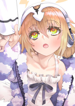 1girl angel_wings bare_shoulders blonde_hair blush breasts camisole collarbone fate/grand_order fate_(series) feathered_wings headphones highres jeanne_d&#039;arc_(fate) long_hair long_sleeves looking_up low_twintails metatron_jeanne_(fate) metatron_jeanne_(second_ascension)_(fate) off_shoulder ootsuka_rei open_mouth small_breasts striped_clothes striped_sweater sweater twintails white_camisole wings yellow_eyes