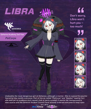 absurdres armlet black_thighhighs blue_archive breasts character_name cleavage coat command_&amp;_conquer command_&amp;_conquer:_red_alert command_&amp;_conquer:_red_alert_2 crossover english_text full_body fur-trimmed_coat fur_trim gehenna_academy_logo gehenna_student_(blue_archive) grey_coat grey_hood grey_shoes highres hood jewelry libra_(mental_omega) logo long_sleeves looking_at_viewer machine machinery medium_breasts mental_omega_(mod) multiple_expressions no_bra pale_skin psi-corps_symbol purple_background red_eyes reference_sheet resh_vav_yod_symbol shoes sleeves_past_wrists straight-on tako_porpov001 thighhighs thighs white_hair zipper