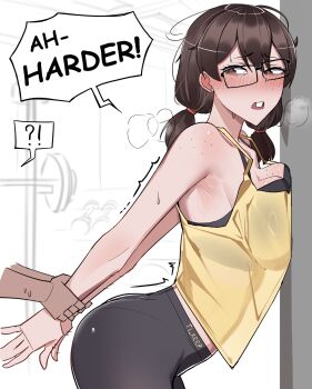 !? 1girl against_wall armpits bare_shoulders black_bra black_pants blush bra bra_visible_through_clothes brown_hair buck_teeth comic_sans commentary english_commentary english_text exercising freckles glasses highres jimiko nerd_emoji original pants short_hair short_twintails stephanie_(ti_keep) stretching sweat sweaty_clothes tank_top teeth ti_keep twintails underwear wet wet_clothes yellow_tank_top
