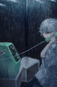 1girl bad_id bad_twitter_id corded_phone from_side hair_between_eyes highres inactive_account mitikage7 night original payphone phone phone_booth profile rain shirt short_hair short_sleeves solo talking_on_phone white_hair white_shirt