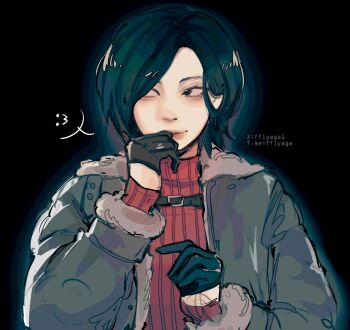 :3 ada_wong black_background black_gloves black_hair cosplay dress fflyaga1 fur-trimmed_jacket fur_trim gloves half_gloves highres jacket leon_s._kennedy leon_s._kennedy_(cosplay) light_smile looking_to_the_side parted_lips red_dress red_sweater resident_evil resident_evil_4 resident_evil_4_(remake) shared_clothes short_hair sketch sweater turtleneck turtleneck_sweater twitter_username upper_body