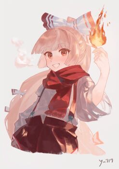1girl absurdres blush bow breath cindy717 commentary_request fire fujiwara_no_mokou grey_shirt grin hair_bow hand_up highres long_hair long_sleeves ofuda ofuda_on_clothes open_mouth orange_hair pants red_eyes red_pants red_scarf red_suspenders scarf shirt smile solo touhou white_background white_bow