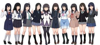 Rule 34 | 6+girls, ahoge, akemi homura, akemi homura (magical girl), akiyama mio, aqua eyes, awa subaru, bang dream!, black hair, black leggings, black socks, blazer, blue eyes, blue skirt, breasts, brown hair, brown shoes, chitanda eru, closed eyes, closed mouth, color connection, double middle finger, dress, full body, girls band cry, hair color connection, hairband, hibike! euphonium, highres, hyouka, idolmaster, idolmaster cinderella girls, inoue takina, jacket, k-on!, kitashirakawa tamako, kitauji high school uniform, kousaka reina, leggings, long hair, lycoris recoil, lycoris uniform, mahou shoujo madoka magica, medium breasts, middle finger, miniskirt, multiple girls, neck ribbon, neckerchief, necktie, paid reward available, pinafore dress, pink neckerchief, plaid clothes, plaid skirt, pleated skirt, purple eyes, ribbon, sailor collar, sakuragaoka high school uniform, school uniform, serafuku, shibuya rin, shirokane rinko, shirt, shirt tucked in, shoes, skirt, sleeveless, sleeveless dress, smile, socks, standing, straight hair, striped necktie, tamako market, thighs, touma kazusa, trait connection, transparent background, very long hair, vodka13, white album (series), white album 2, white shirt