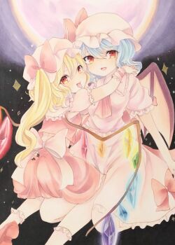 2girls absurdres ascot back_bow bat_wings black_background blonde_hair blue_hair bow commentary_request crystal_wings fangs feet_out_of_frame flandre_scarlet full_moon glowing glowing_wings hat hat_bow highres kneeling long_hair looking_at_viewer looking_back marker_(medium) medium_hair mob_cap moni_monico moon multicolored_wings multiple_girls open_mouth pink_bow pink_hat pink_skirt pink_socks red_ascot red_bow red_shoes red_skirt remilia_scarlet shirt shoes side_ponytail skirt socks tongue tongue_out touhou traditional_media white_shirt wings