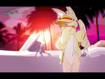 1girl animal_ears animated audible_music blonde_hair blue_archive breasts cameltoe car convertible covered_navel dancing fox_ears fox_girl fox_tail halo jacket letterboxed loli long_hair long_sleeves looking_at_viewer motor_vehicle one-piece_swimsuit orange-tinted_eyewear palm_tree pink_eyes seia_(blue_archive) seia_(swimsuit)_(blue_archive) side_ponytail small_breasts solo sound sunglasses swimsuit sydus tagme tail tinted_eyewear tree twitter_username video visor_cap white_one-piece_swimsuit yellow_halo yellow_jacket yellow_visor