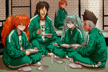 2girls 3girls aqua_eyes aqua_hair black_eyes black_hair blue_eyes bottle closed_mouth crossover cyberpunk_(series) cyberpunk:_edgerunners david_martinez egg_(food) food fried_egg haraya_manawari hatsune_miku highres itou_kaiji kaiji long_hair mohawk multiple_boys multiple_girls nami_(one_piece) neon_genesis_evangelion one_piece open_mouth orange_hair rebuild_of_evangelion rice smile souryuu_asuka_langley squid_game twintails very_long_hair vocaloid water_bottle