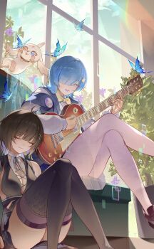 2girls abby_(wuthering_waves) absurdres arrow_hair_ornament bare_shoulders black_boots black_hair black_jacket black_thighhighs blue_butterfly blue_eyes blue_hair boots bow bowtie breasts bug butterfly chigusa7h closed_eyes closed_mouth commentary_request cross-laced_clothes cross-laced_dress crossed_legs female_rover_(wuthering_waves) highres i.r.i.s._(wuthering_waves) indoors insect instrument jacket knees_together_feet_apart looking_at_viewer medium_breasts medium_hair multiple_girls music pantyhose playing_instrument rover_(wuthering_waves) smile thigh_boots thighhighs thighhighs_under_boots thighs white_pantyhose wuthering_waves yellow_bow yellow_bowtie