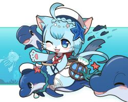 1girl ahoge akurara_(cat_busters) animal_ears animal_hands blue_eyes blue_fur blue_hair cat_busters cat_ears cat_girl cat_tail chibi chibi_only chibikemo dolphin furry furry_female hair_ornament hinako_iroiro one_eye_closed riding riding_animal solo star_(symbol) star_hair_ornament starfish tail