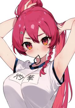 Rule 34 | 1girl, absurdres, arataka mimi, armpits, blush, braid, breasts, cmyk: sameda kazuou wa chuunibyou ga naosenai, commentary request, gym shirt, hair ornament, hair tie, hair tie in mouth, hairclip, highres, koba, large breasts, long hair, looking at viewer, mouth hold, red eyes, red hair, shirt, simple background, solo, sweat, translation request, tying hair, white background, white shirt