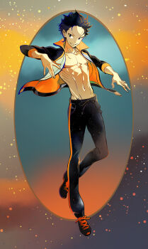 1boy black_hair jacket male_focus multicolored_jacket natsuki_subaru open_clothes open_jacket pants re:zero_kara_hajimeru_isekai_seikatsu shoes smile solo toned toned_male yonsang21