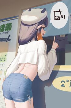 1girl absurdres ass beret crop_top denim denim_shorts earrings gradient_hair hat highres hololive hololive_english ika--1024 index_finger_raised jewelry long_hair multicolored_hair ninomae_ina&#039;nis official_alternate_costume open_mouth orange_hair pointy_ears purple_hair shirt shop short_shorts shorts solo speech_bubble takodachi_(ninomae_ina&#039;nis) tentacle_hair virtual_youtuber white_shirt