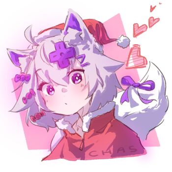 1girl ahoge animal_ear_fluff animal_ears artist_name blush bow bright_pupils cat_ears cat_girl cat_tail chasiibles d-pad d-pad_hair_ornament eyelashes filian_(vtuber) hair_bow hair_ornament hat heart highres indie_virtual_youtuber mint_(vrchat) purple_eyes purple_ribbon red_hat ribbon santa_hat simple_background solo tail tail_ornament tail_ribbon virtual_youtuber white_background white_hair white_pupils