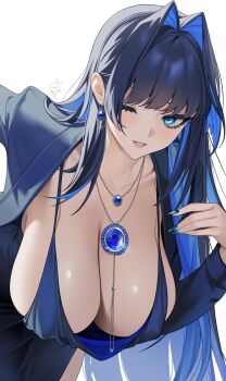 1girl absurdres blue_dress blue_eyes blue_hair blue_jacket breasts cleavage colored_inner_hair commentary dress earrings english_commentary evening_gown hair_intakes hanging_breasts highres hololive hololive_english huge_breasts jacket jewelry long_hair looking_at_viewer multicolored_hair necklace oikomia one_eye_closed ouro_kronii simple_background solo virtual_youtuber white_background