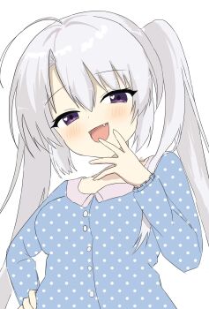 Rule 34 | 1girl, :d, ahoge, ayachi nene, blue pajamas, blush, breasts, commentary, fang, frilled sleeves, frills, grey hair, hand on own hip, hand up, heart, heart in eye, highres, huge ahoge, long hair, looking at viewer, medium breasts, mesugaki, open mouth, out of character, outstretched hand, pajamas, polka dot, polka dot pajamas, purple eyes, sanoba witch, sidelocks, simple background, smile, solo, straight hair, symbol in eye, twintails, upper body, very long hair, white background, zephy0215