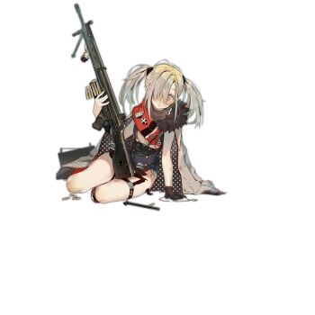 1girl ammunition ammunition_belt black_gloves blush closed_mouth coat cross female_focus full_body girls'_frontline glasses gloves grey_hair gun hair_ornament hair_over_one_eye hk21 hk21_(girls'_frontline) holding holding_gun holding_weapon jewelry leaning leaning_to_the_side legs long_hair looking_at_viewer machine_gun on_floor purple_eyes red_scarf round_eyewear scarf shells sitting sleeveless solo thigh_strap torn_clothes transparent_background twintails weapon xiao_chichi