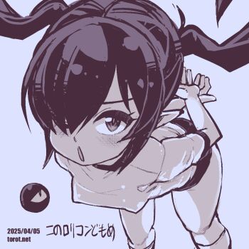 1girl ;o arms_behind_back backbeako_(torotei) backbeard blue_background blush breasts buruma commentary covered_erect_nipples crossed_wrists dated dated_commentary feet_out_of_frame gegege_no_kitarou gym_shirt gym_uniform hair_over_one_eye kono_lolicon_domome leaning_forward loli long_hair looking_at_viewer monochrome one_eye_closed open_mouth original paid_reward_available pointy_ears shirt short_sleeves simple_background small_breasts socks solo torotei translated twintails watermark web_address