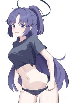 absurdres adjusting_clothes adjusting_panties black_panties black_shirt blue_archive blush commentary_request gluteal_fold highres long_hair looking_at_viewer navel open_mouth panties ponytail purple_eyes purple_hair shirt simple_background star_(symbol) star_sticker sticker sticker_on_face sweat t-shirt tied_shirt underwear vec_ka white_background yuuka_(blue_archive) yuuka_(track)_(blue_archive)