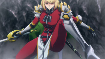 1girl armor blonde_hair boots breasts cha_hae-in gauntlets large_breasts screencap short_hair shoulder_guard solo_leveling sword thighs weapon