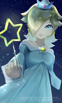 1girl absurdres bare_shoulders blonde_hair blue_dress blue_eyes breasts brooch closed_mouth collarbone commentary_request crown dress earrings eyelashes hair_over_one_eye highres holding holding_wand jewelry light_smile long_hair long_sleeves looking_at_viewer mario_(series) medium_breasts nintendo off-shoulder_dress off_shoulder rosalina signature solo sorano_shizuku_(star_dr0p3) space star_(sky) star_(symbol) star_brooch star_earrings super_mario_galaxy wand