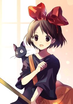 1girl absurdres animal bag black_cat black_dress black_eyes black_hair bow bow_hairband cat commentary_request dress hairband hand_up highres holding jiji_(majo_no_takkyuubin) kiki_(majo_no_takkyuubin) koge_donbo majo_no_takkyuubin open_mouth red_bow red_hairband short_hair shoulder_bag smile upper_body wide_sleeves window yellow_bag