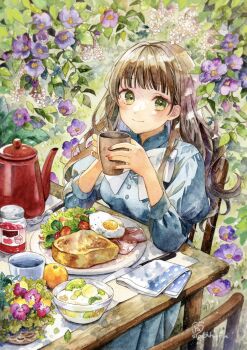 1girl blue_dress bow bowtie bread breasts brown_hair buttons chair check_flower closed_mouth coffee_pot collared_dress cup dress egg_(food) elbows_on_table flower flower_request food fork fried_egg fruit green_eyes highres holding holding_cup jam juliet_sleeves kiwi_(fruit) knife leaf light_blush long_hair long_sleeves looking_at_viewer medium_breasts orange_(fruit) original painting_(medium) plate primrose_(flower) puffy_sleeves purple_flower salad sitting smile solo table tomato traditional_media watercolor_(medium) wavy_hair white_bow white_bowtie white_flower wooden_table yuyuharu_1027