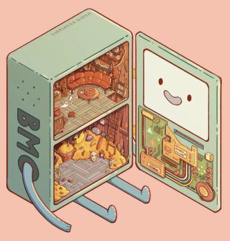 absurdly_detailed_composition adventure_time animal_skull artist_name axe bathtub bmo bone circuit_board coffee_table coin commentary cooking_pot couch dirty english_commentary english_text evergreenqveen ghost gold_coin ladder loaded_interior parquet_floor pink_background planted planted_sword planted_weapon polly_pocket potion shelf shield simple_background skull smile steam stool stove sword table treasure treasure_chest weapon wooden_wall