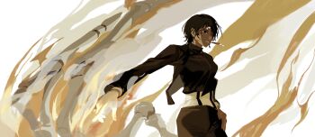 Rule 34 | 12daze, 1girl, black eyes, black hair, black jacket, black pants, bone, casting spell, chinese commentary, commentary, earrings, fiery background, fire, floating earrings, from side, hand on own hip, highres, jacket, jewelry, kagari hiyuki, kagurabachi, ofuda earrings, open clothes, open jacket, pants, parted lips, shirt, short hair, smile, solo, steam, turtleneck, turtleneck shirt, upper body, white background