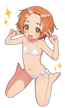 1girl bikini double_v flat_chest funifuchan hair_ornament hairclip highres idolmaster idolmaster_cinderella_girls idolmaster_cinderella_girls_u149 loli orange_hair ryuzaki_kaoru short_hair simple_background sitting swimsuit v wariza white_background white_bikini yellow_eyes