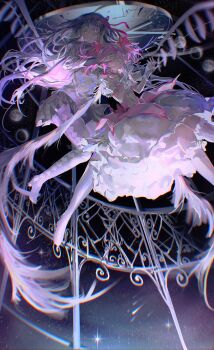 absurdres akemi_homura argyle_clothes argyle_footwear black_boots boots bow bow_choker bubble_skirt buttons capelet center_frills chest_jewel chinese_commentary choker clock closed_mouth commentary_request covering_another&#039;s_eyes determined dress dress_bow feathered_wings feet_out_of_frame floating floating_clothes floating_hair frilled_sleeves frilled_socks frills full_body gem gloves grey_capelet grey_skirt hair_bow hair_ribbon high_heel_boots high_heels highres kaname_madoka kneehighs layered_sleeves long_hair long_sleeves magical_girl mahou_shoujo_madoka_magica mahou_shoujo_madoka_magica:_hangyaku_no_monogatari miniskirt outstretched_hand parted_lips petticoat pink_bow pink_choker pink_dress pink_eyes pink_gemstone pink_hair pleated_skirt puffy_short_sleeves puffy_sleeves purple_hair purple_wings qishitian_de_yuji railing red_bow red_ribbon ribbon shooting_star short_dress short_hair short_sleeves short_twintails skirt skirt_under_dress socks space spread_wings square_neckline star_(sky) thigh_boots twintails very_long_hair white_dress white_gloves white_skirt white_sleeves white_socks wings