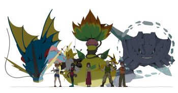 2boys 3girls alakazam asymmetrical_hair belt black_hair blonde_hair blue_shorts boots brock_(pokemon) brown_hair brown_pants closed_mouth colored_sclera crop_top crossed_arms dark_skin denim denim_shorts erika_(pokemon) fingerless_gloves gen_1_pokemon gen_2_pokemon gloves green_gloves green_pants green_shirt green_shorts green_vest grin gyarados hakama hakama_skirt hand_up highres holding japanese_clothes kimono landscape lineup long_hair long_skirt long_sleeves lt._surge mega_alakazam mega_gyarados mega_pokemon mega_raichu mega_raichu_x mega_steelix mega_victreebel misty_(pokemon) multiple_boys multiple_girls nintendo open_clothes open_vest orange_hair overalls pants pointing pokemon pokemon:_let's_go_pikachu!_and_let's_go_eevee! pokemon_firered_and_leafgreen pokemon_heartgold_and_soulsilver ponytail psaber97 purple_hair raichu red_hakama red_shirt red_skirt robe sabrina_(pokemon) sandals shirt shoes short_hair short_shorts short_sleeves shorts side_ponytail skirt sleeveless sleeveless_shirt smile socks standing steelix teeth vest victreebel white_shirt wide_sleeves wristband yellow_shirt