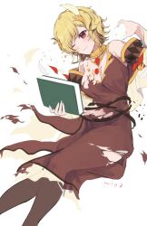 Rule 34 | 1girl, bare shoulders, blonde hair, book, brown dress, brown pantyhose, citrinne (fire emblem), commentary request, dress, earrings, feet out of frame, fire emblem, fire emblem engage, hair ornament, holding, holding book, jewelry, neck ring, nintendo, one eye closed, pantyhose, red eyes, short hair, solo, torn clothes, torn dress, unfinished, yuuri (orz commushows)