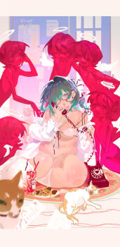 6+girls absurdres angel angel_wings breasts cat commentary cookie corded_phone english_commentary fat food halo heart heart-shaped_pupils highres holding holding_phone multiple_girls one_eye_closed original phone plate symbol-shaped_pupils wings youtuanzi