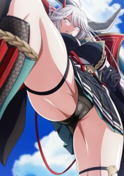 1girl :d antenna_hair armor asymmetrical_horns azur_lane black_dress black_gloves black_panties blue_sky breasts brown_sash cameltoe cleavage cloud commentary_request cowboy_shot day dress from_below gloves groin hair_between_eyes hakuryuu_(azur_lane) highres holding holding_sword holding_weapon horns huge_weapon japanese_armor large_breasts looking_at_viewer makiri_akira mismatched_horns open_mouth panties partial_commentary pleated_dress sash short_dress sideboob sidelocks silver_hair skindentation sky smile solo standing standing_on_one_leg suneate sword teeth thigh_strap underwear upper_teeth_only upskirt weapon white_eyes white_sash wide_sleeves